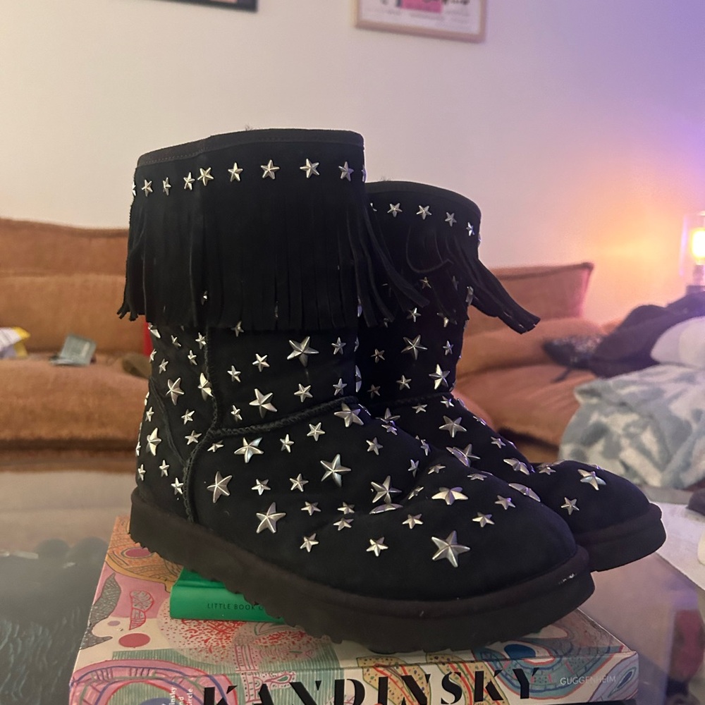 UGG X Jimmy Choo Boots Women's Size 7 Starlit Black Silver Studded Stars Fringe